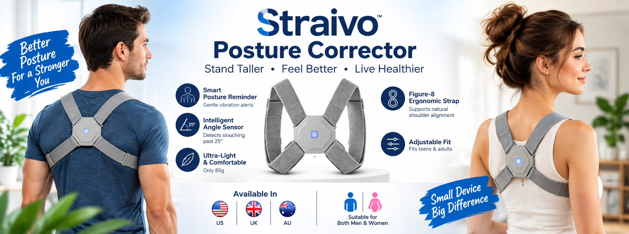 Straivo Posture Corrector worn by a man and a woman, showing the smart sensor, figure-8 strap, and key features